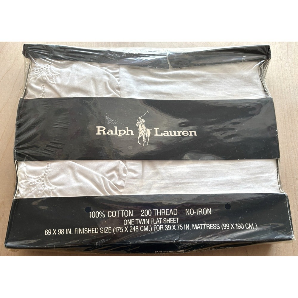 Vtg Ralph Lauren Flat Sheet Twin NIP NOS White Eyelet Cotton Log Cabin Patience